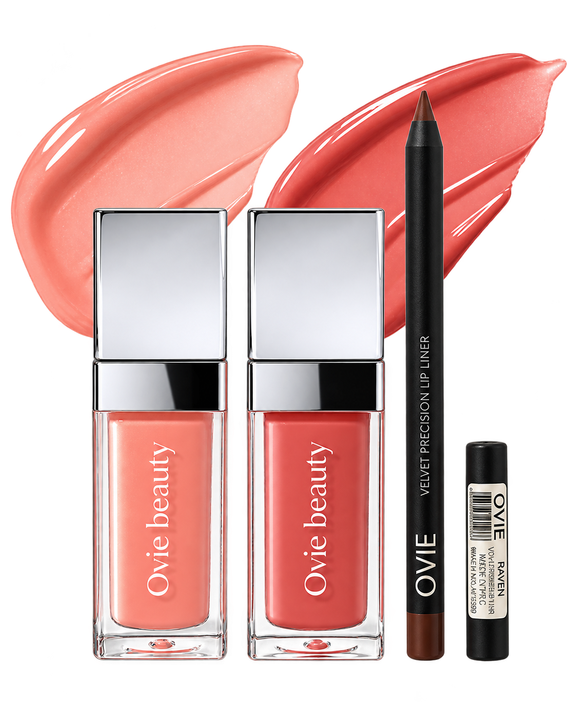 The Ovie Raven lip trio: two silver-capped glosses and a brown precision liner