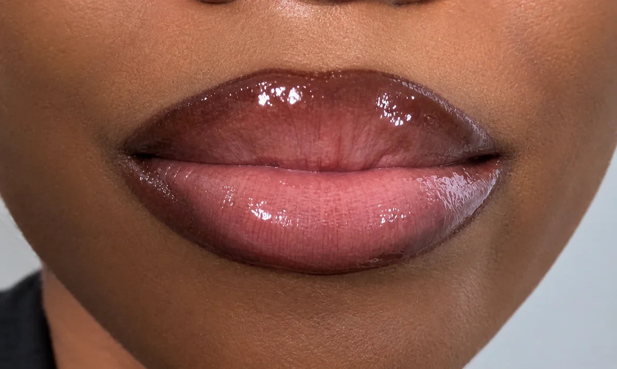 Close-up of the Ovie gloss and liner lip look